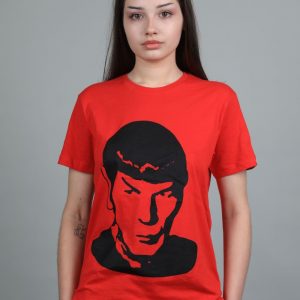 Rotes T-Shirt mit aufgedrucktem schwarzem Spock-Kopf aus der Hi-Fish Retro Kollektion, Red t-shirt with printed black Spock head from the Hi-Fish Retro Collection